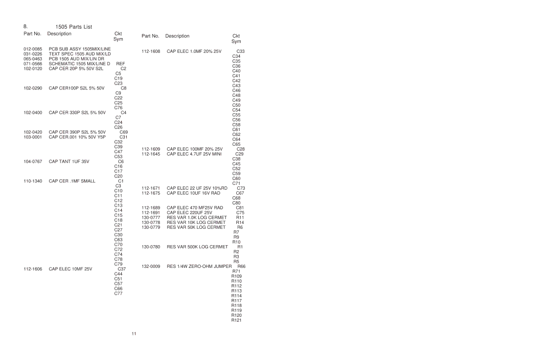 Telex 1505 service manual Parts List 