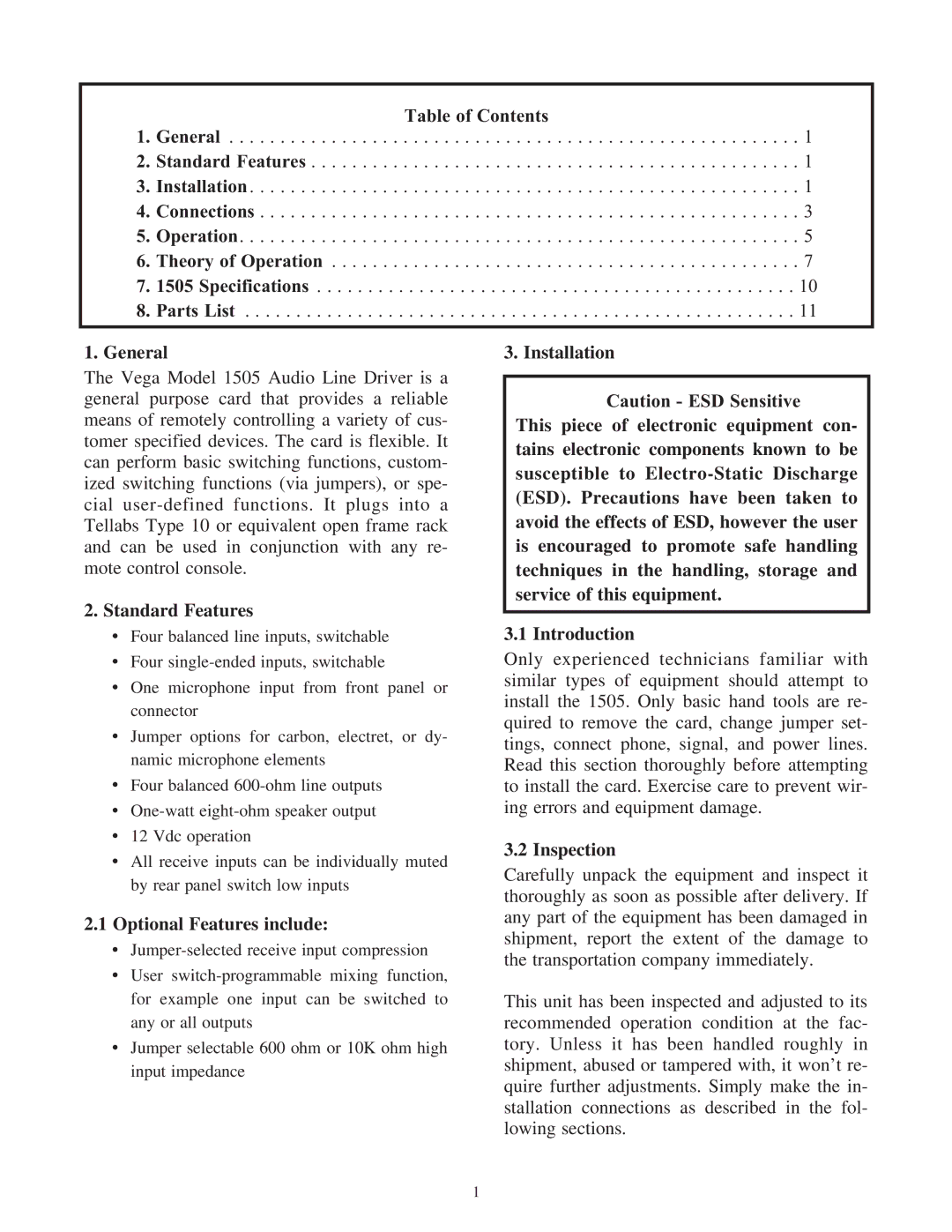 Telex 1505 service manual Table of Contents, Optional Features include, Inspection 