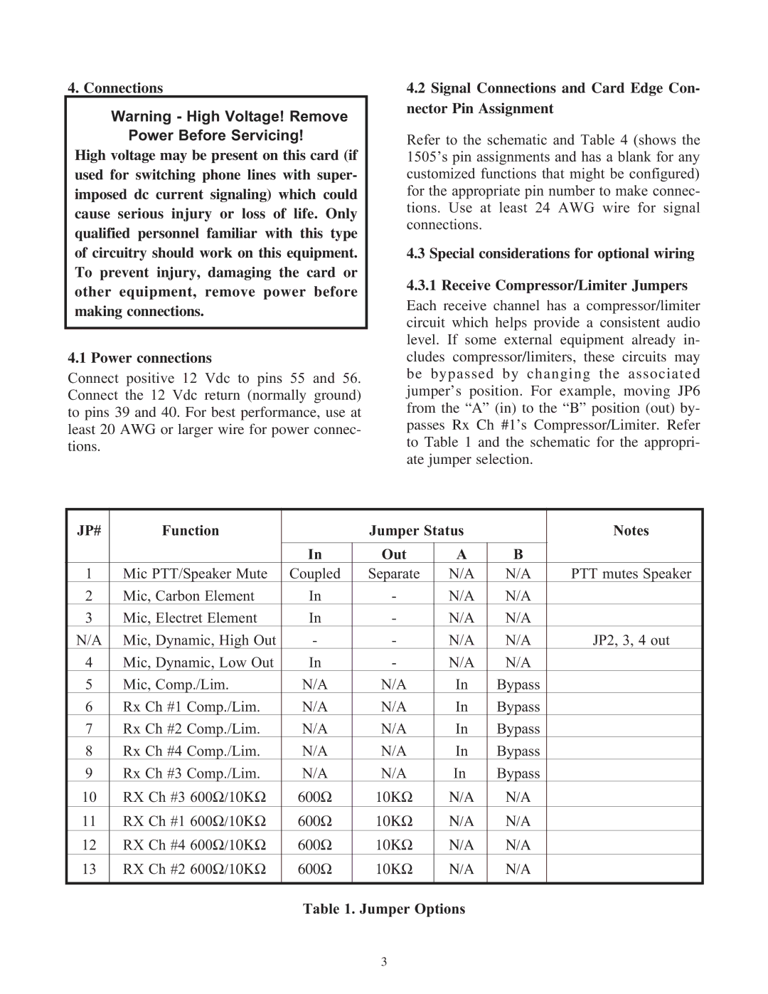 Telex 1505 Signal Connections and Card Edge Con- nector Pin Assignment, Function Jumper Status Out, Jumper Options 