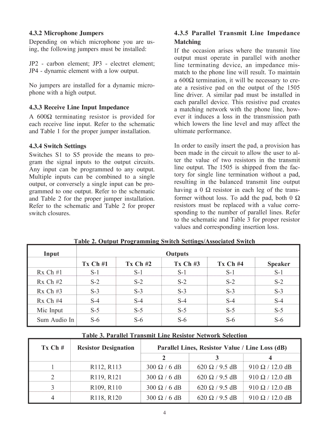 Telex 1505 Microphone Jumpers, Receive Line Input Impedance, Switch Settings, Parallel Transmit Line Impedance Matching 