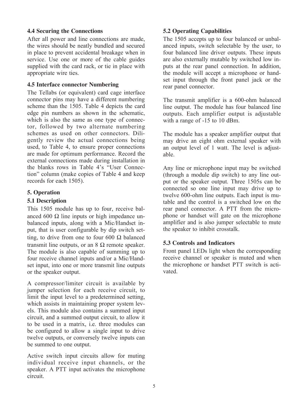 Telex 1505 Securing the Connections, Interface connector Numbering, Operation Description, Operating Capabilities 