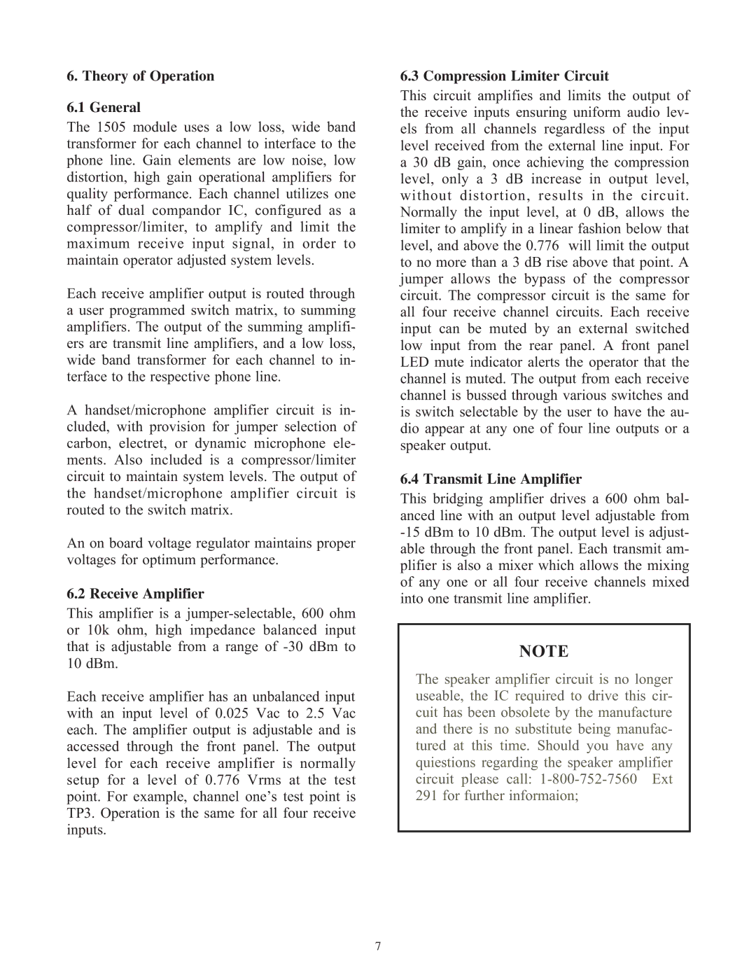 Telex 1505 Theory of Operation General, Receive Amplifier, Compression Limiter Circuit, Transmit Line Amplifier 