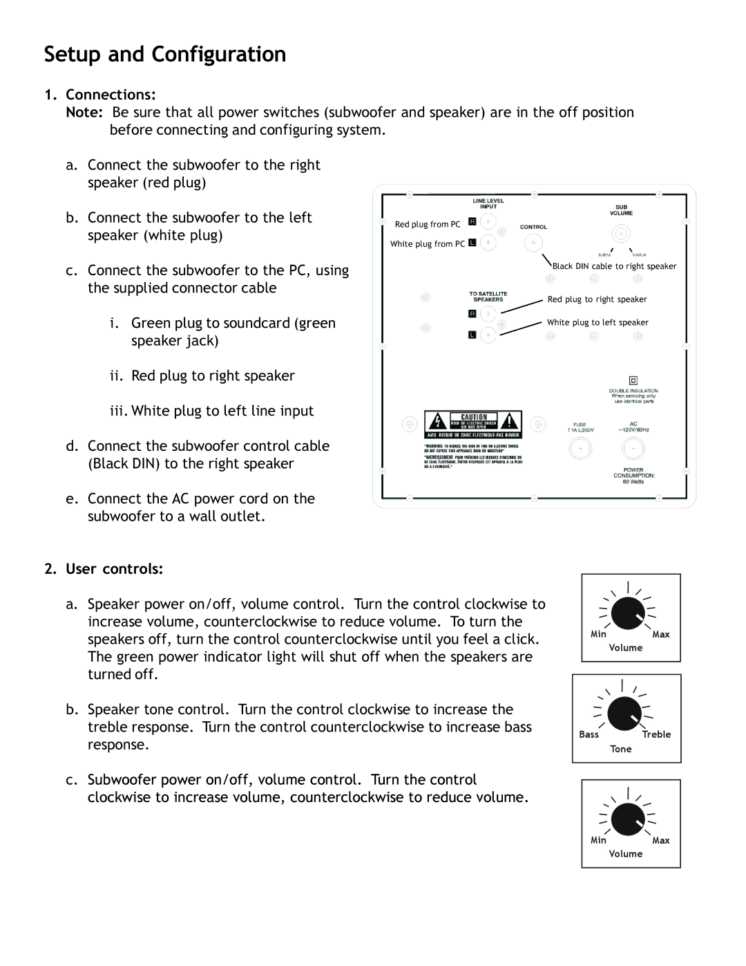 Telex 2.1 Multimedia Speaker System user manual Setup and Configuration, Connections, User controls 