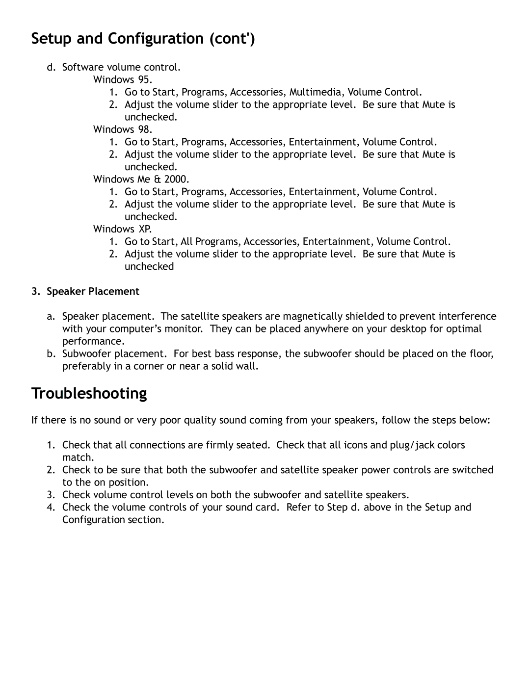 Telex 2.1 Multimedia Speaker System user manual Troubleshooting, Speaker Placement 