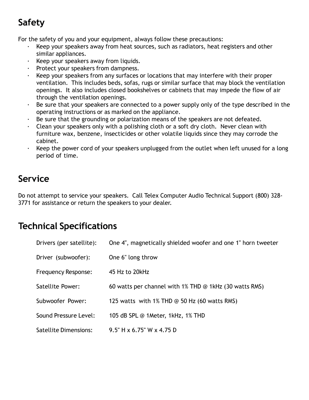 Telex 2.1 Multimedia Speaker System user manual Safety, Service, Technical Specifications 