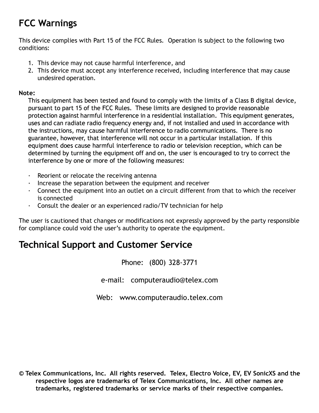 Telex 2.1 Multimedia Speaker System user manual FCC Warnings, Technical Support and Customer Service 