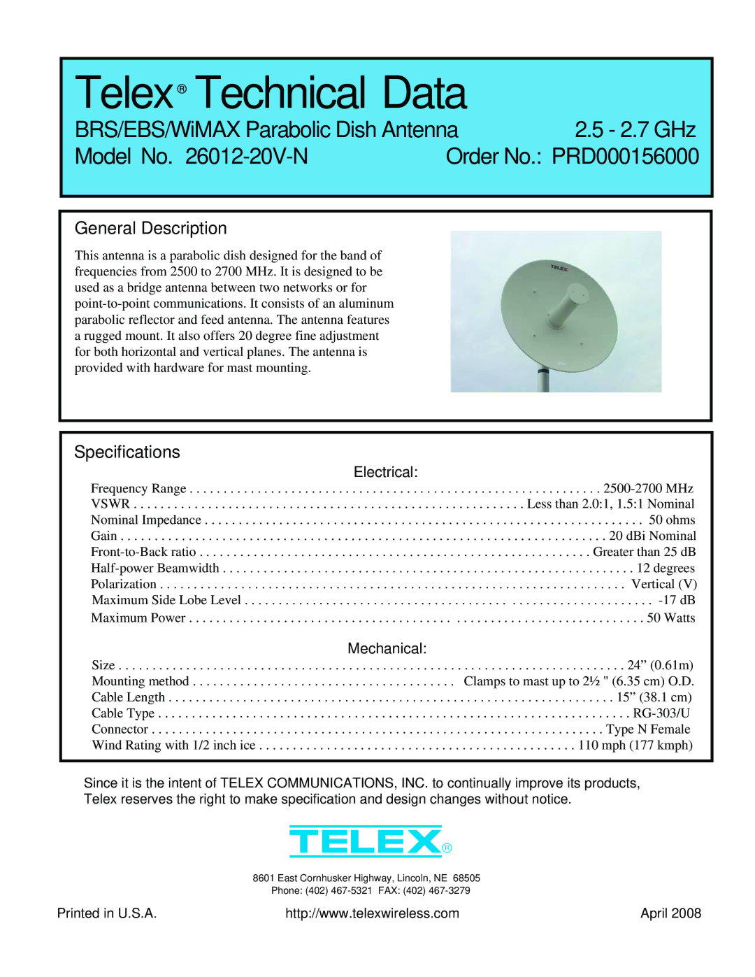 Telex 26012-20V-N specifications Telex Technical Data, BRS/EBS/WiMAX Parabolic Dish Antenna, Model No -20V-N, 2.7 GHz 