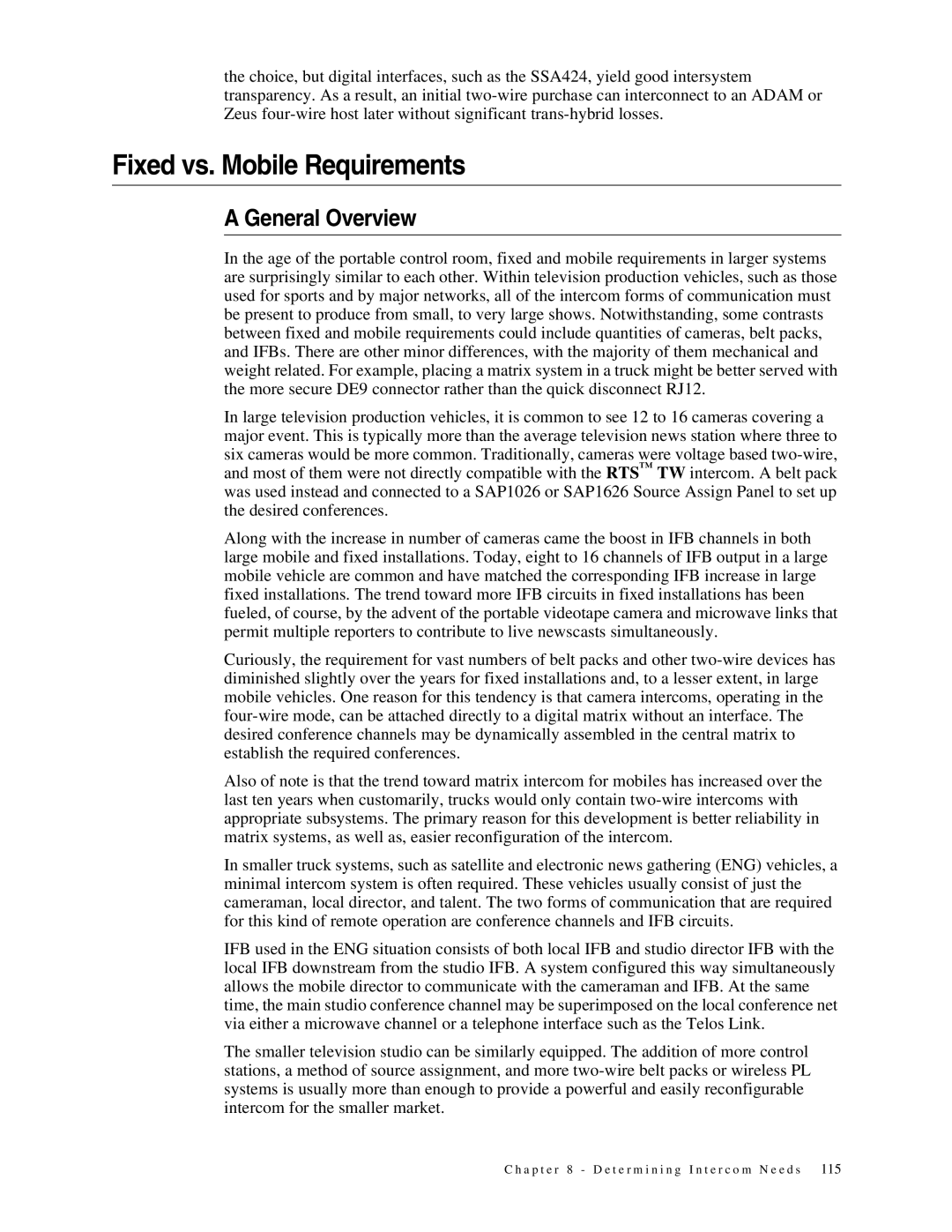 Telex 38109-977 manual Fixed vs. Mobile Requirements, General Overview 