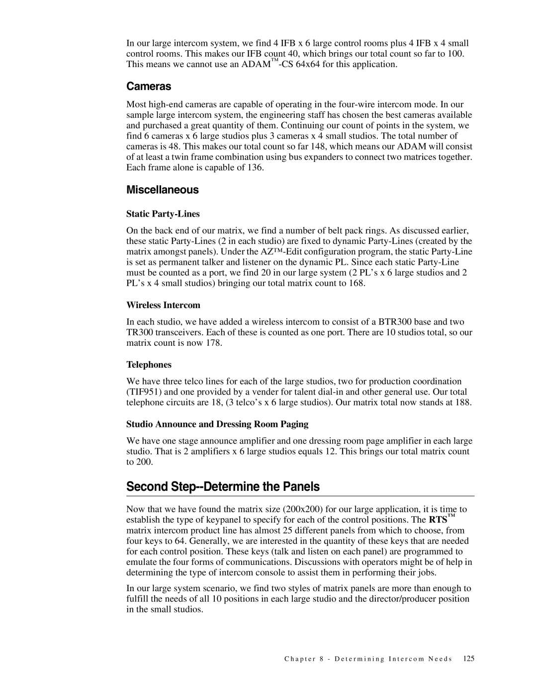 Telex 38109-977 manual Second Step--Determine the Panels, Cameras, Miscellaneous 