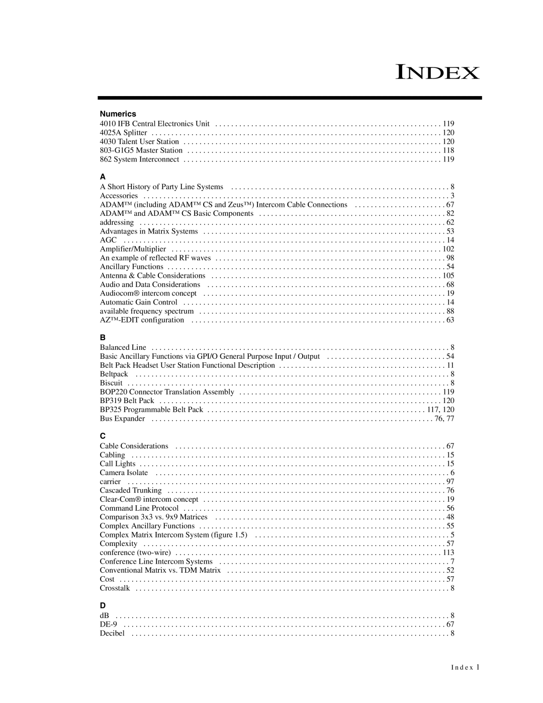 Telex 38109-977 manual Index 