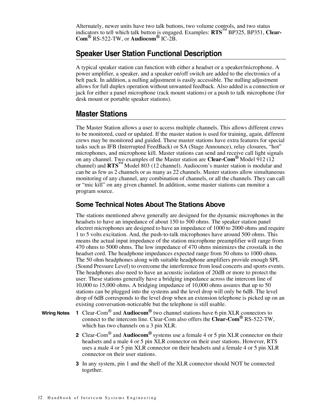 Telex 38109-977 manual Speaker User Station Functional Description, Master Stations 