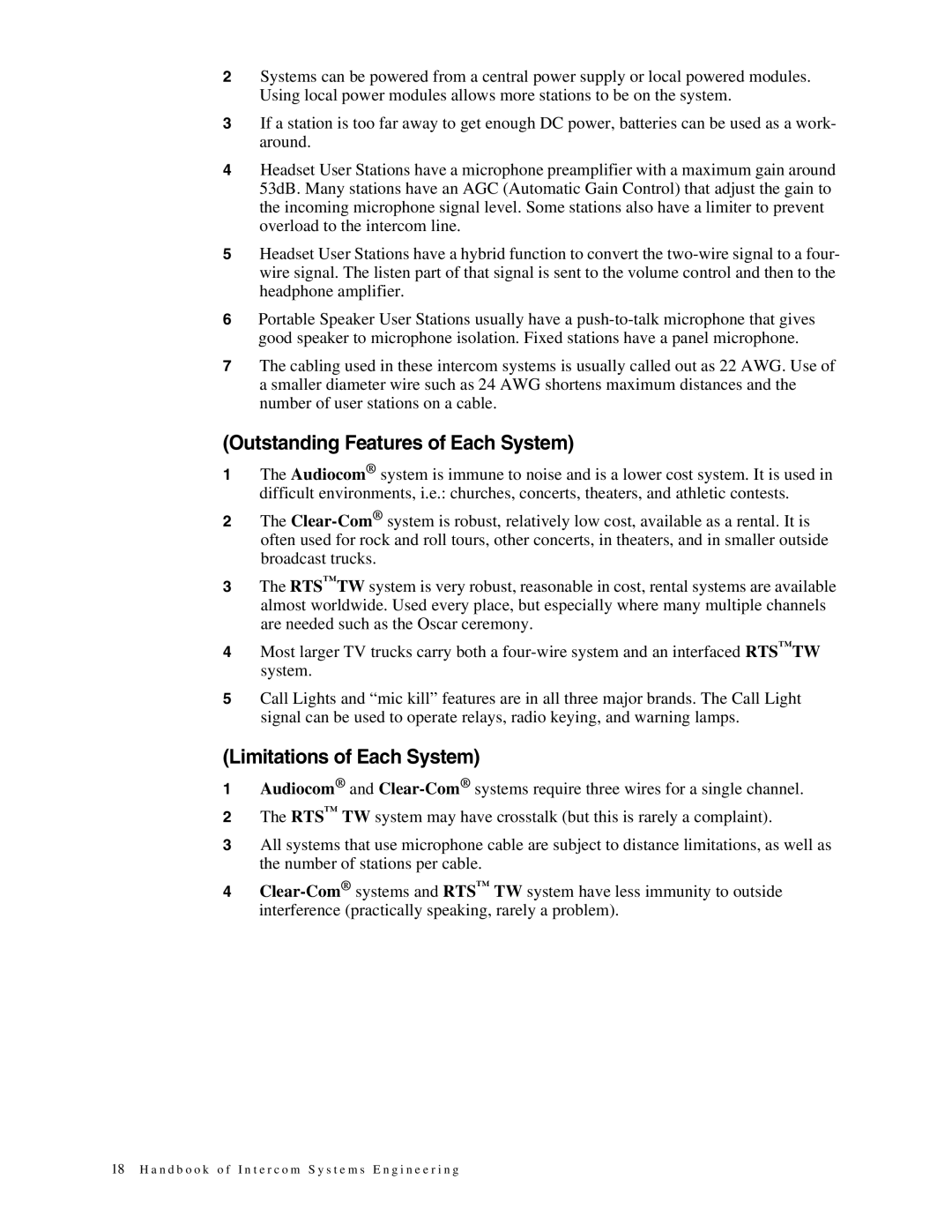 Telex 38109-977 manual Outstanding Features of Each System, Limitations of Each System 