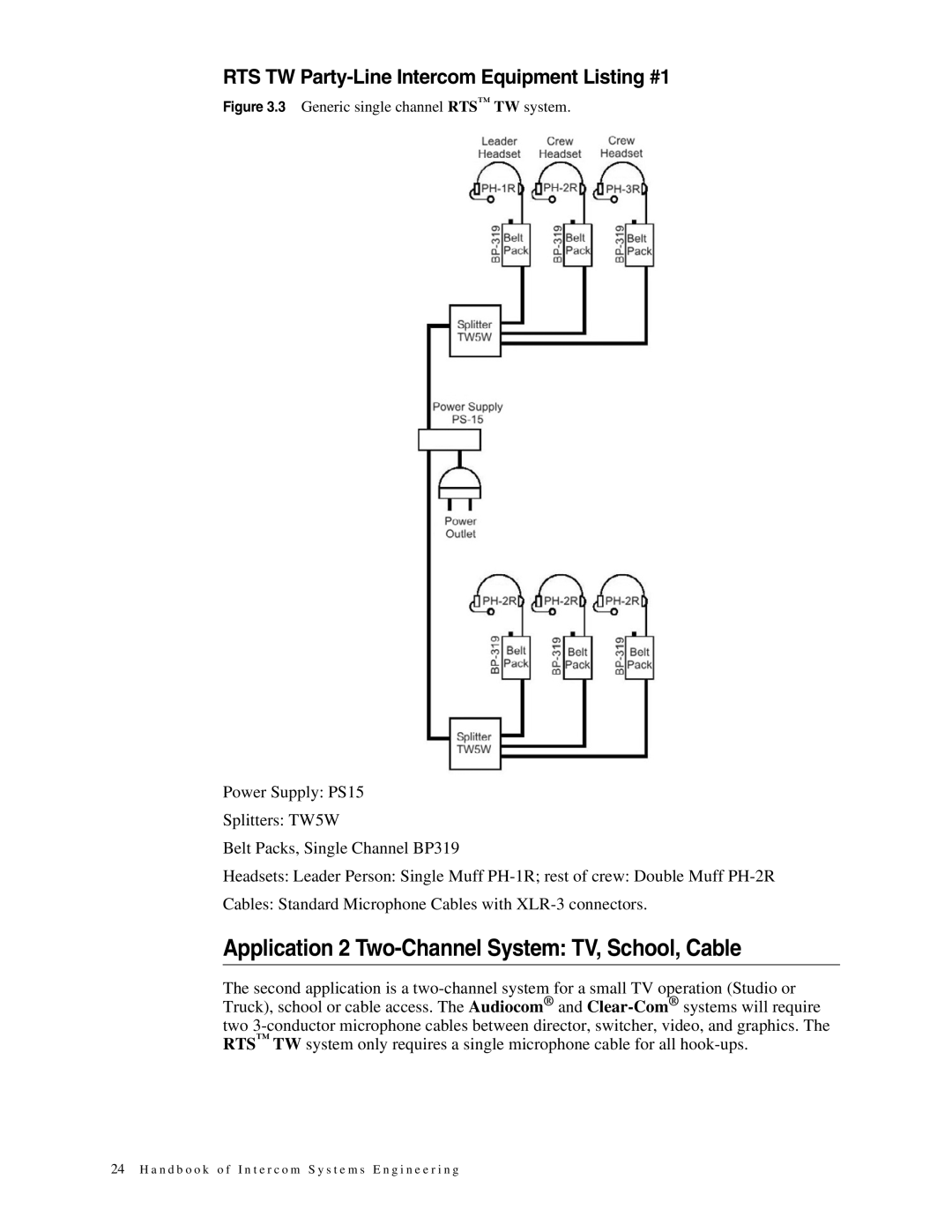 Telex 38109-977 manual Application 2 Two-Channel System TV, School, Cable, RTS TW Party-Line Intercom Equipment Listing #1 