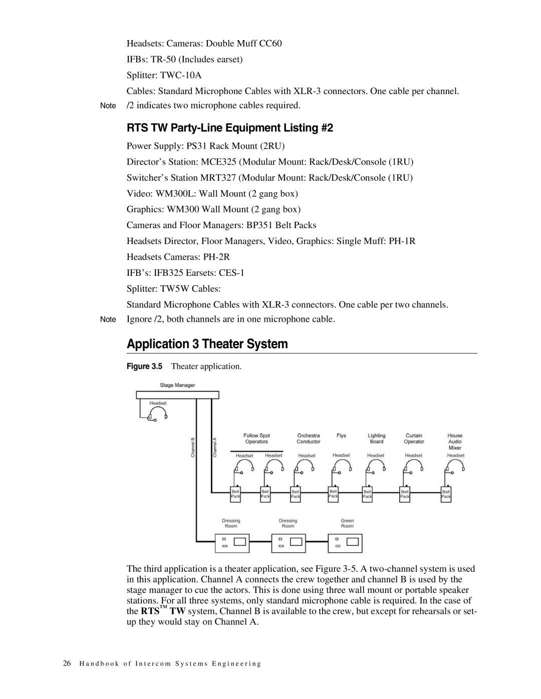 Telex 38109-977 manual Application 3 Theater System, RTS TW Party-Line Equipment Listing #2 