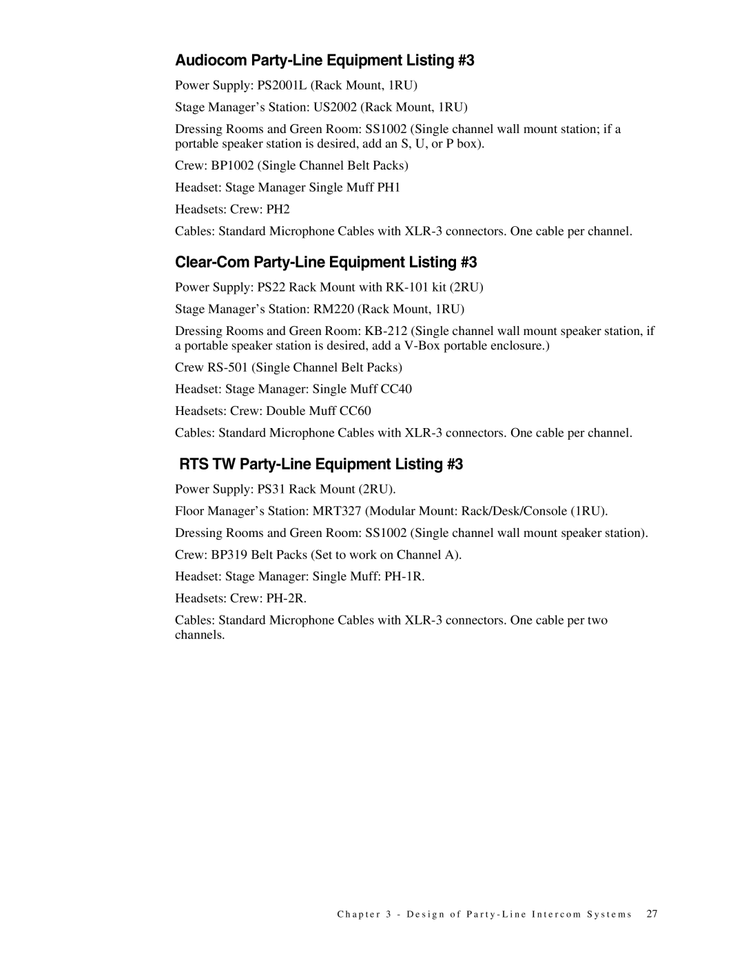 Telex 38109-977 manual Audiocom Party-Line Equipment Listing #3, Clear-Com Party-Line Equipment Listing #3 