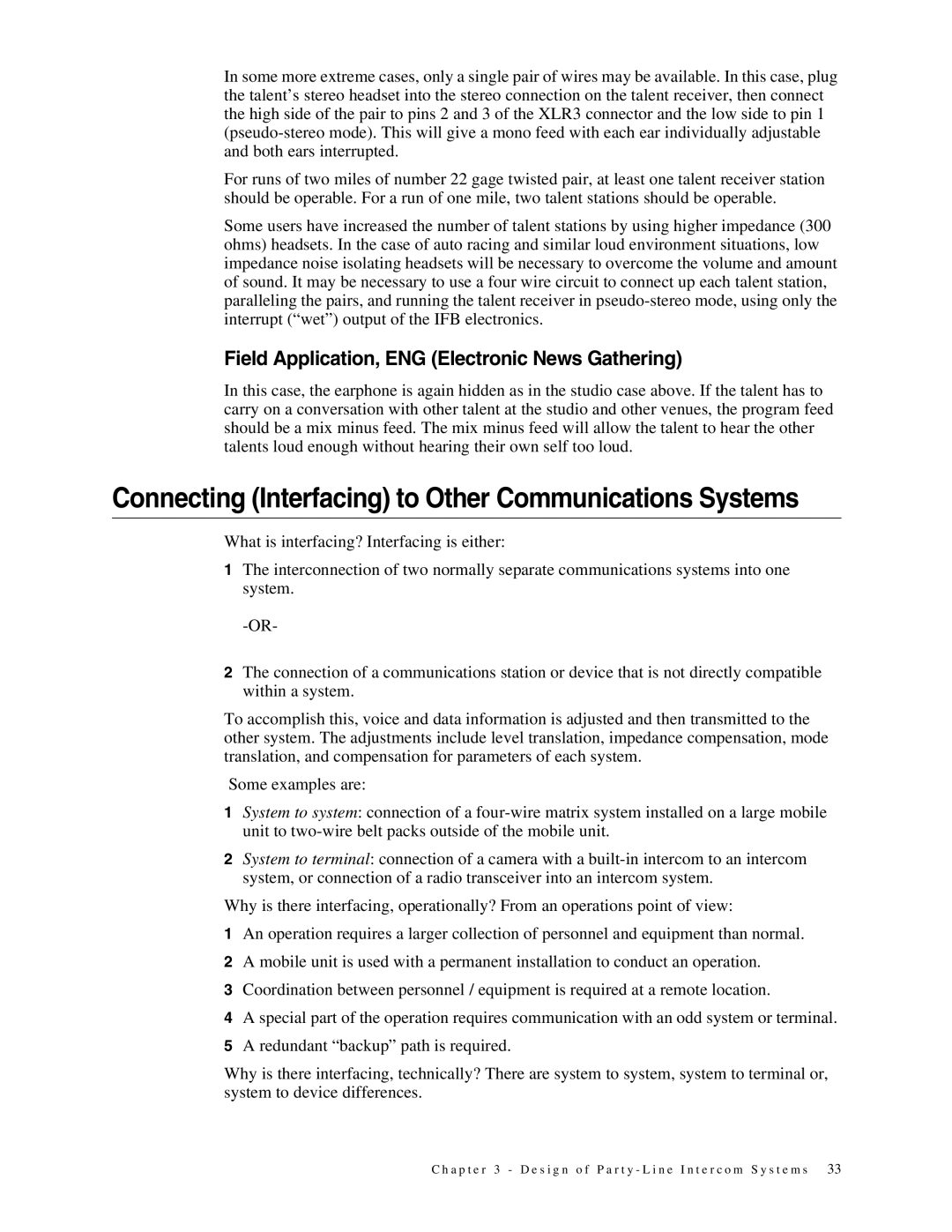 Telex 38109-977 Connecting Interfacing to Other Communications Systems, Field Application, ENG Electronic News Gathering 