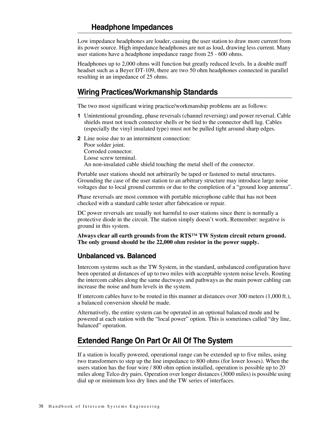 Telex 38109-977 Headphone Impedances, Wiring Practices/Workmanship Standards, Extended Range On Part Or All Of The System 