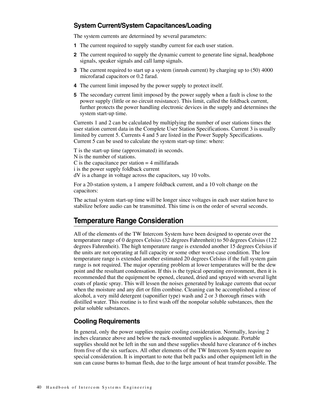 Telex 38109-977 manual Temperature Range Consideration, System Current/System Capacitances/Loading, Cooling Requirements 