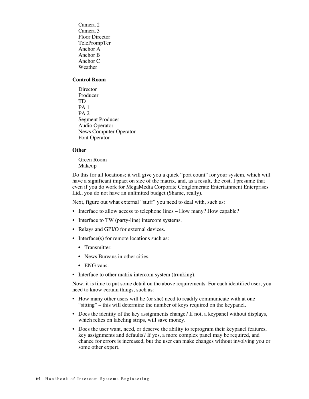 Telex 38109-977 manual Control Room, Other 