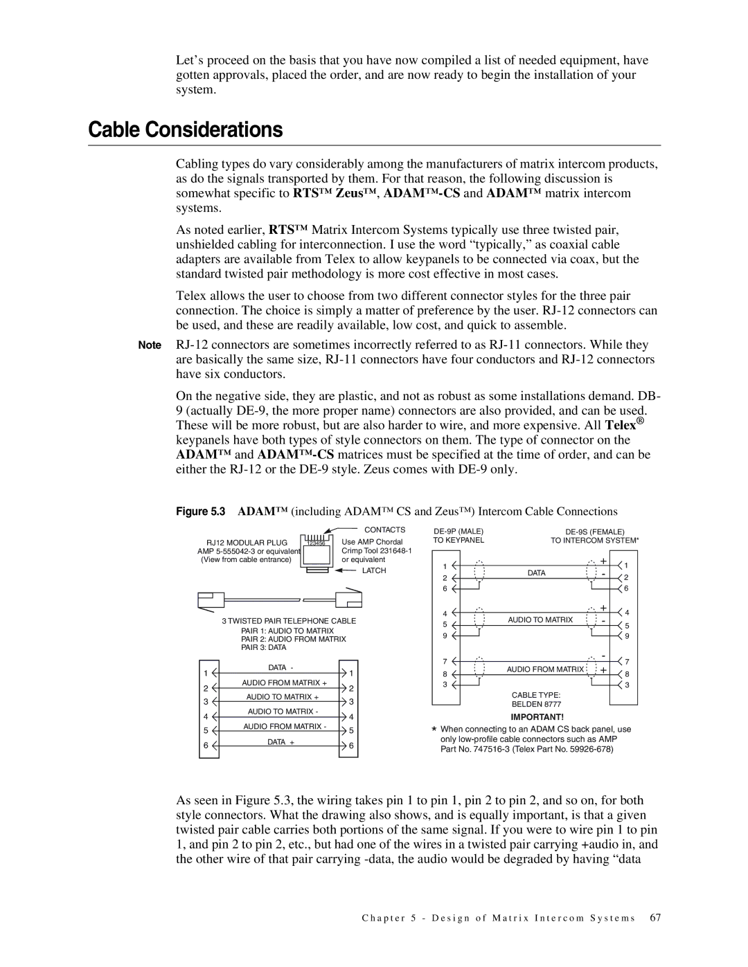 Telex 38109-977 manual Cable Considerations, RJ12 Modular Plug 