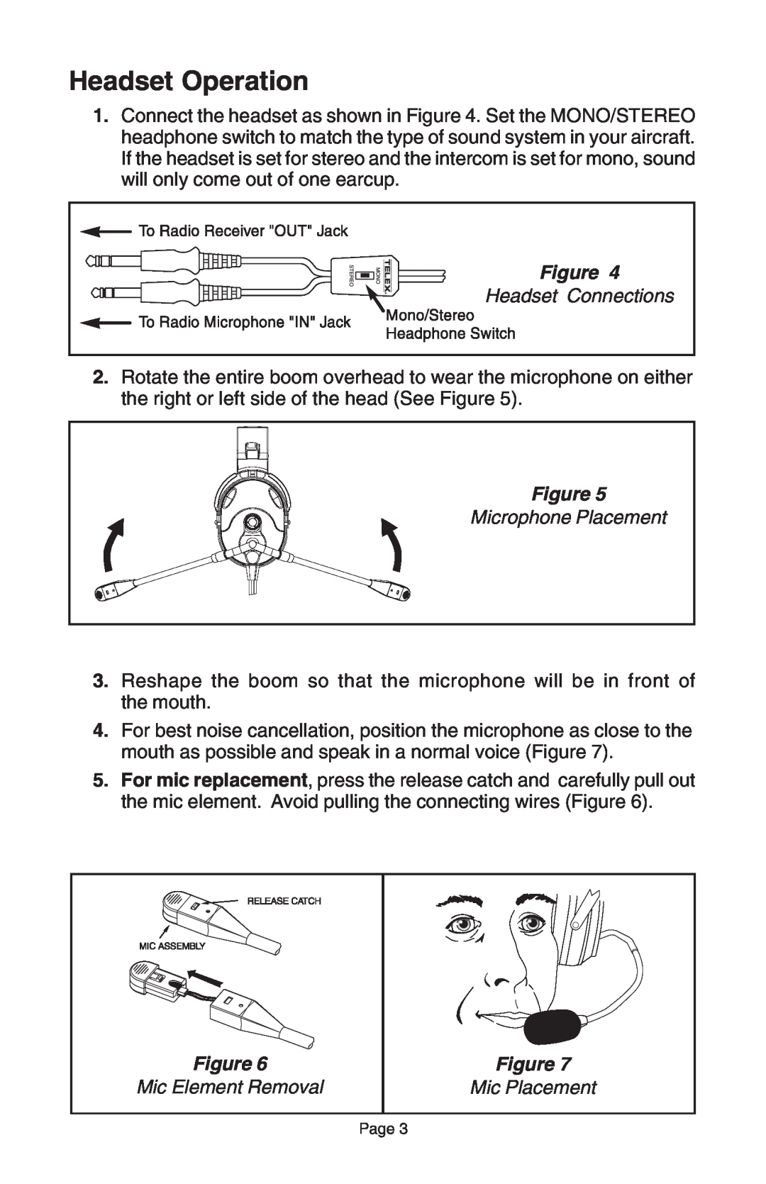 Telex 50-D manual Headset Operation, Headset Connections, Microphone Placement, Mic Element Removal, Mic Placement 