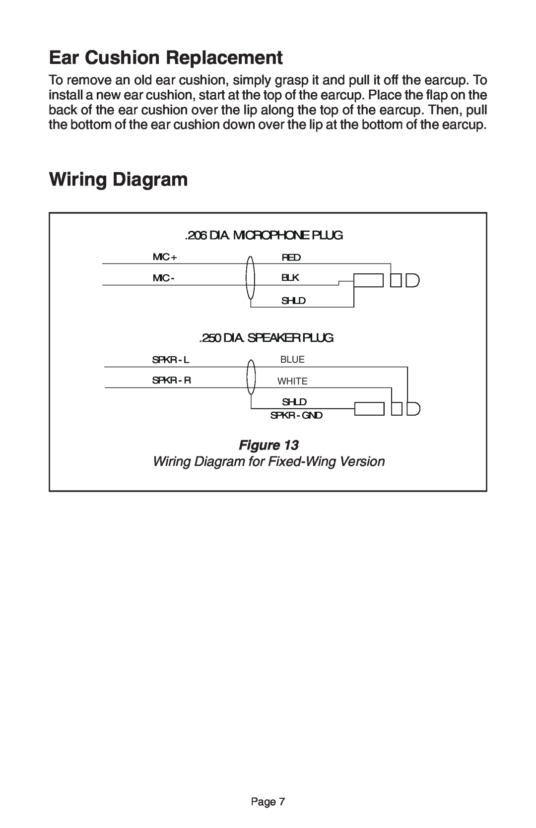 Telex 50-D manual Ear Cushion Replacement, Wiring Diagram for Fixed-WingVersion, 206 DIA. MICROPHONE PLUG 