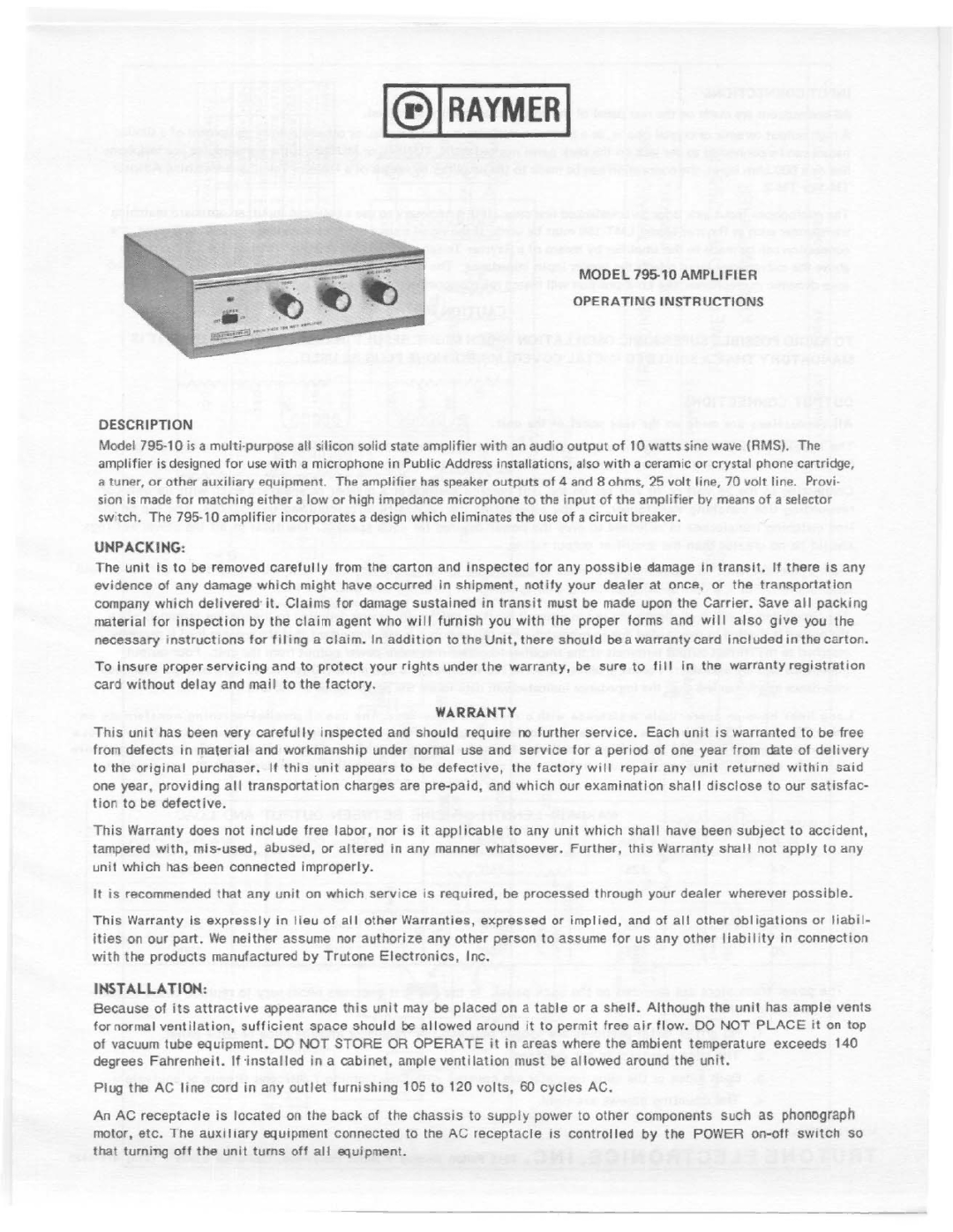 Telex 795-10 manual 