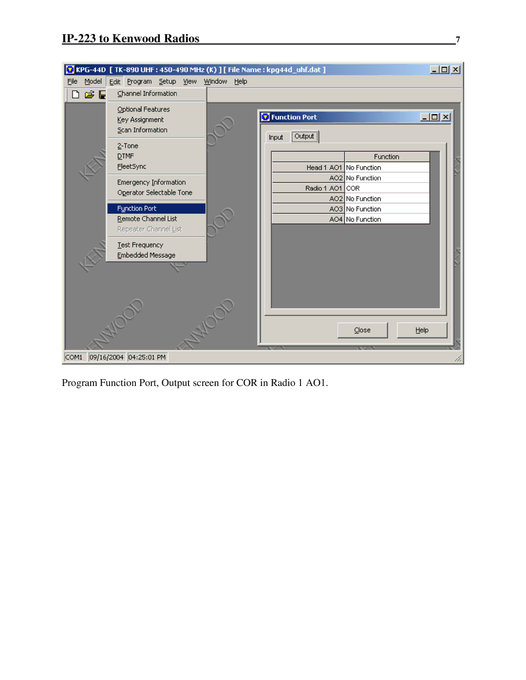 Telex 80 manual Program Function Port, Output screen for COR in Radio 1 AO1 