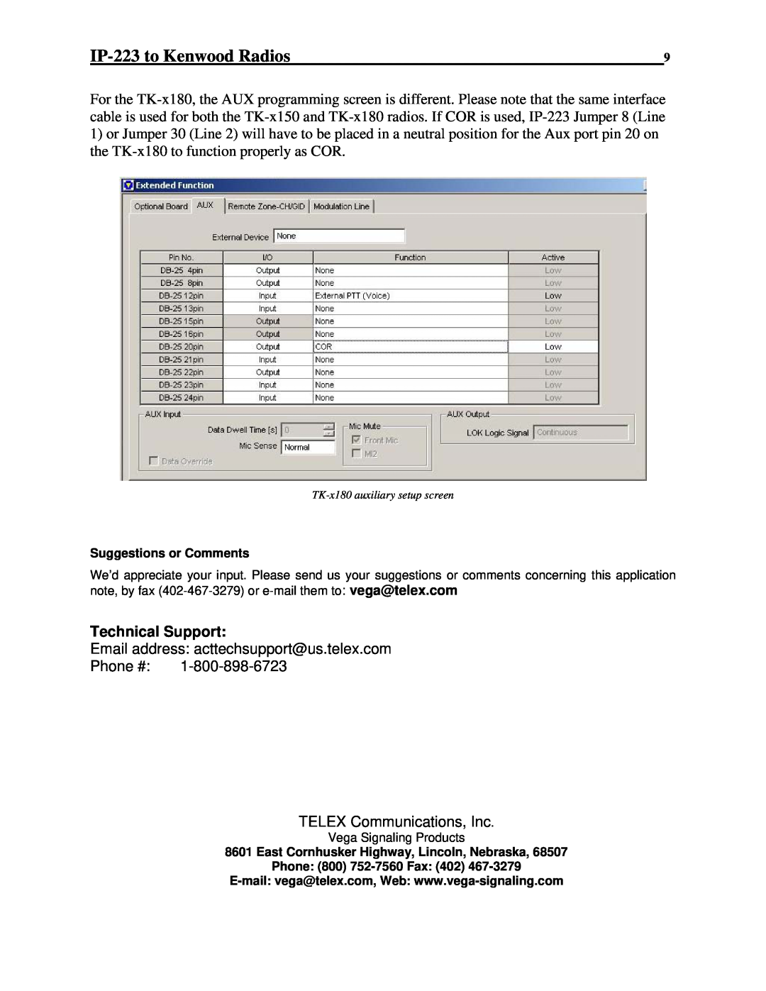Telex 80 manual IP-223to Kenwood Radios, Technical Support, Phone # TELEX Communications, Inc 