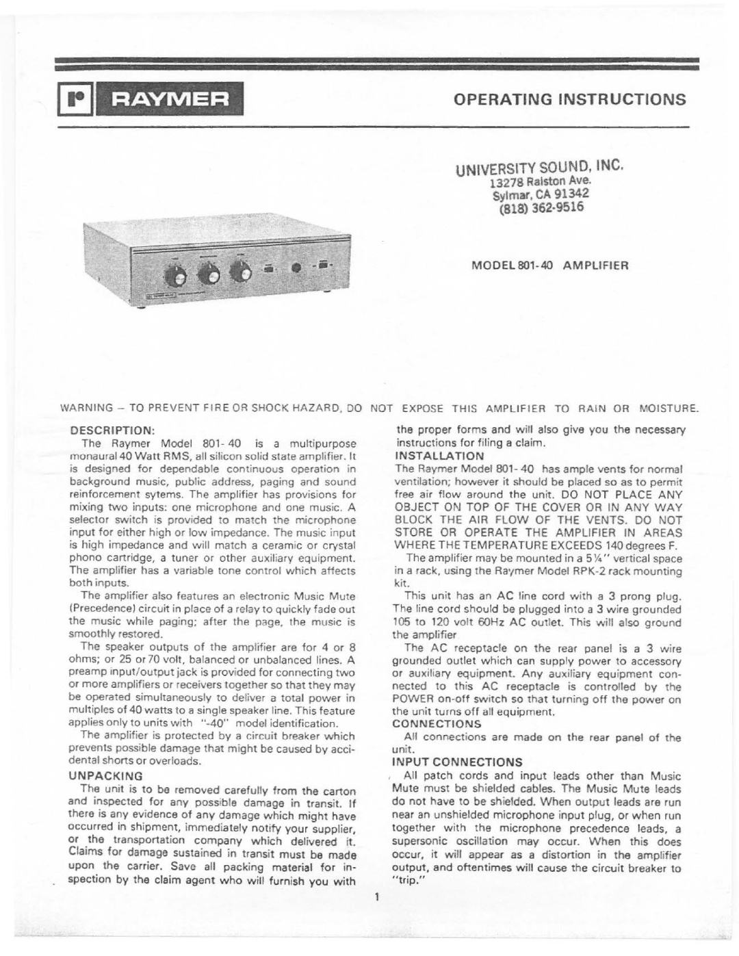 Telex 801-40 manual 