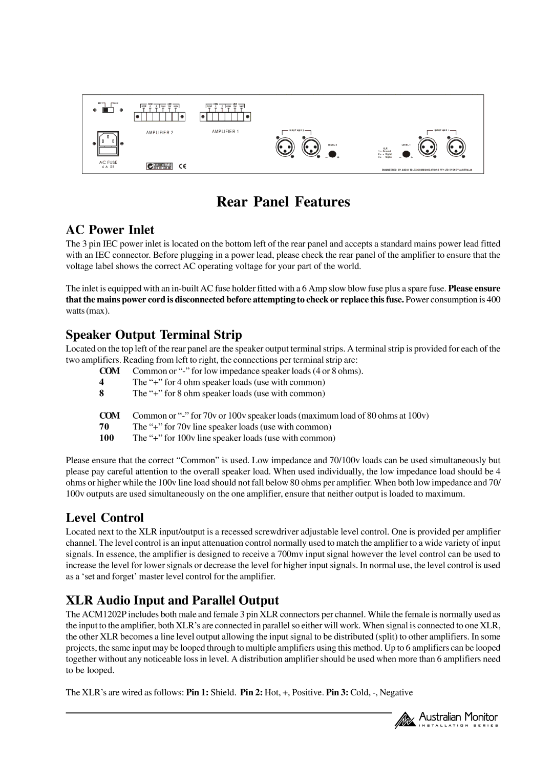 Telex ACM1202P manual Rear Panel Features, AC Power Inlet, Speaker Output Terminal Strip, Level Control 