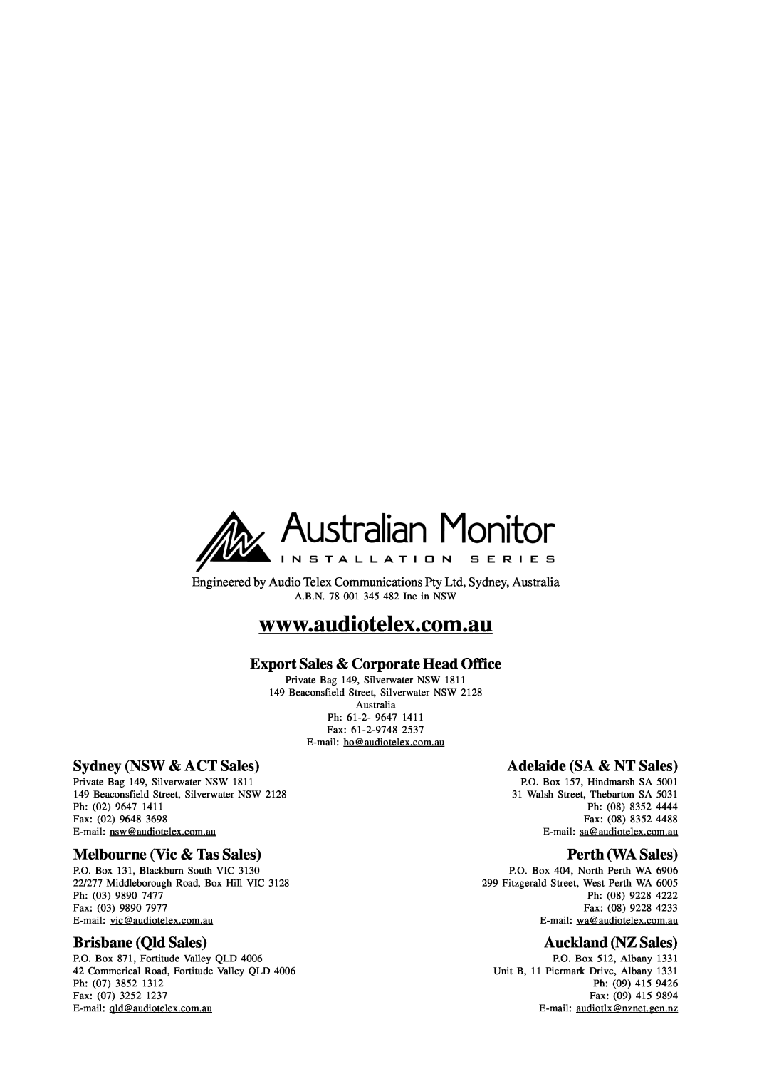 Telex ACM1202P manual Export Sales & Corporate Head Office, Sydney NSW & ACT Sales, Adelaide SA & NT Sales, Perth WA Sales 