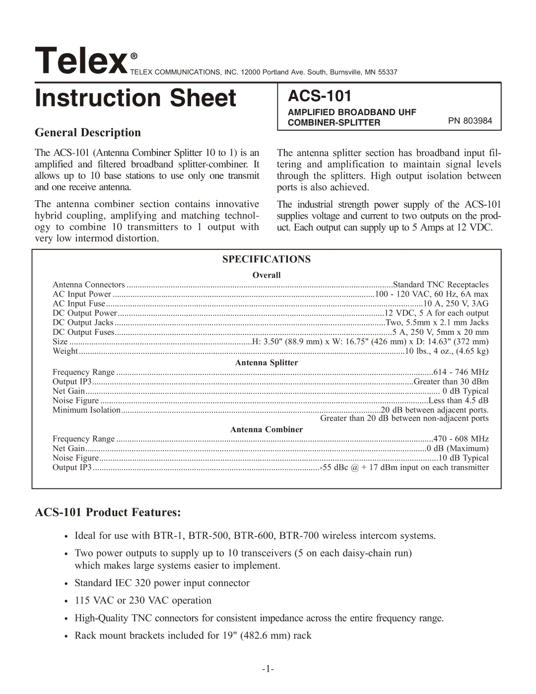 Telex instruction sheet General Description, ACS-101 Product Features 