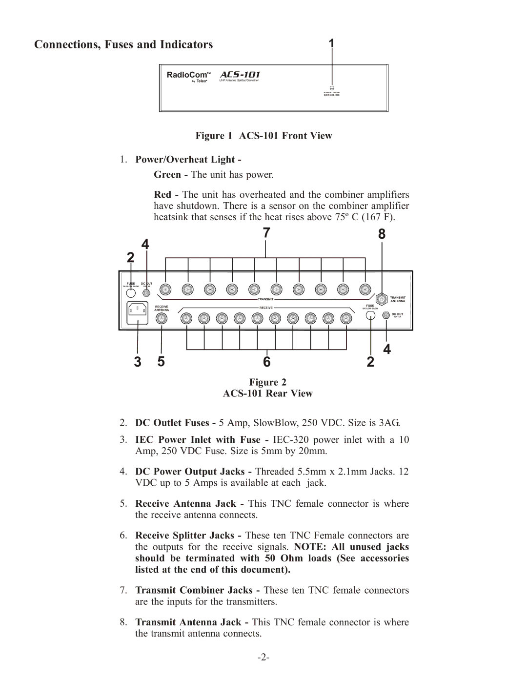 Telex instruction sheet Connections, Fuses and Indicators, ACS-101 Rear View 