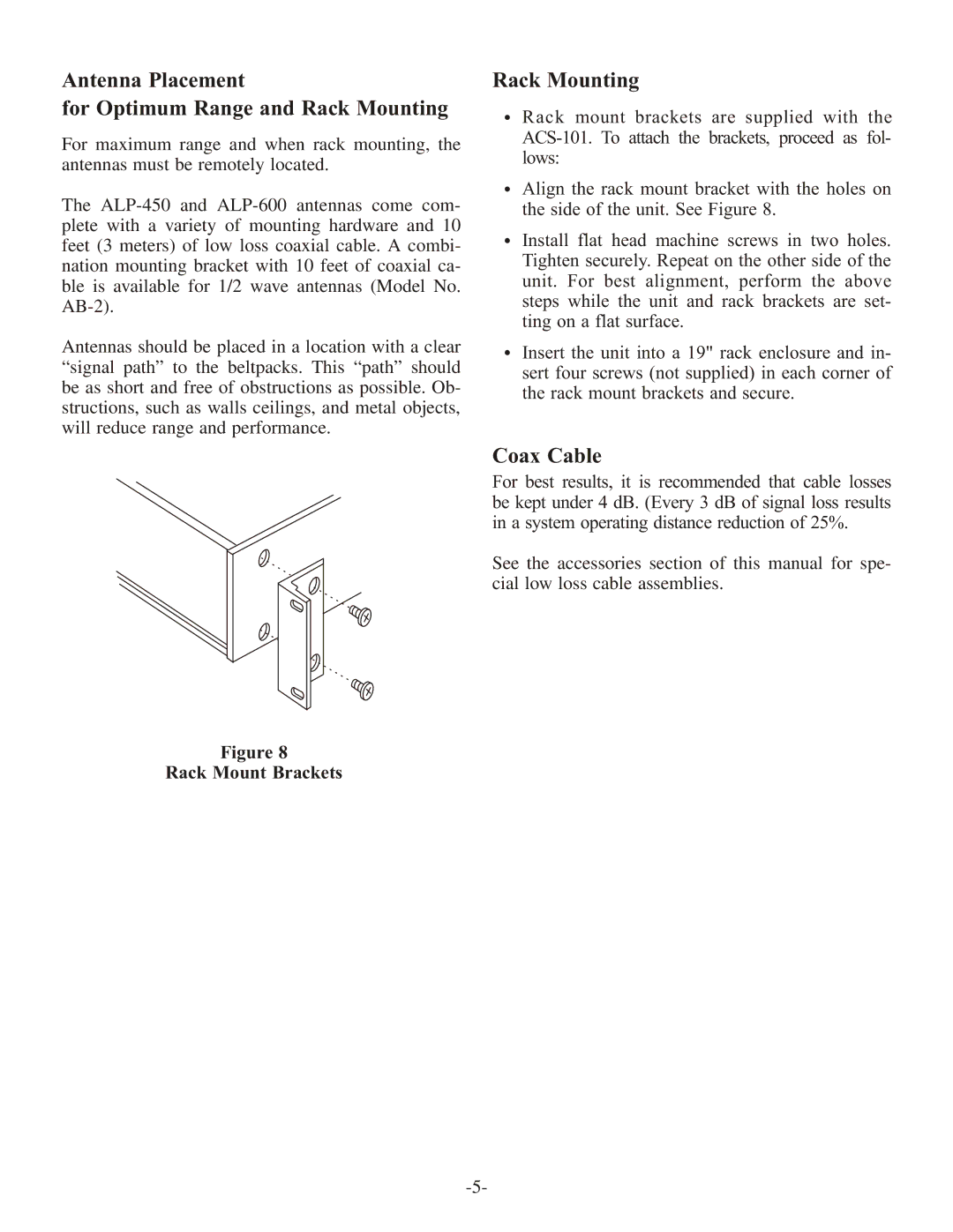 Telex ACS-101 instruction sheet Antenna Placement For Optimum Range and Rack Mounting, Coax Cable, Rack Mount Brackets 