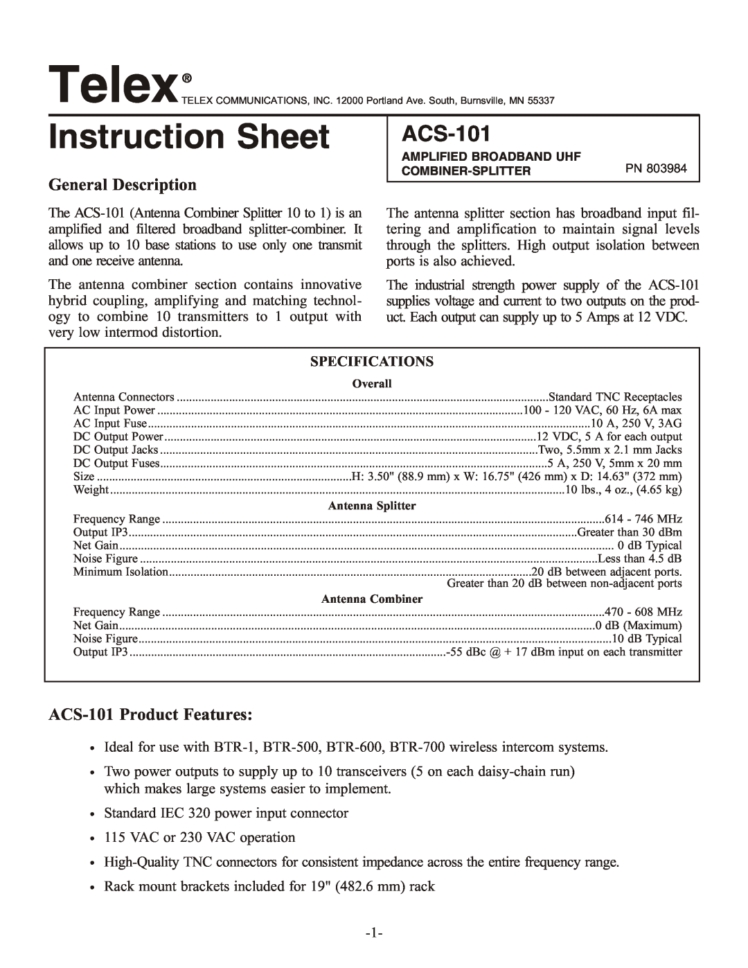 Telex instruction sheet General Description, ACS-101 Product Features, Instruction Sheet 