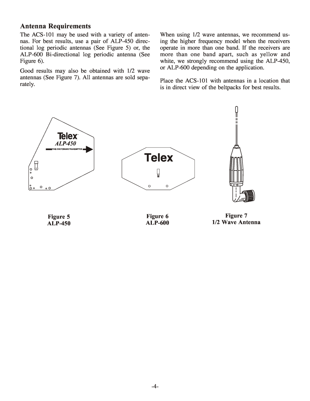 Telex ACS-101 instruction sheet Antenna Requirements, TelexR, ALP-450 