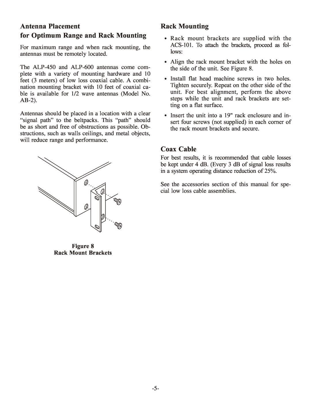 Telex ACS-101 instruction sheet Antenna Placement for Optimum Range and Rack Mounting, Coax Cable, Rack Mount Brackets 