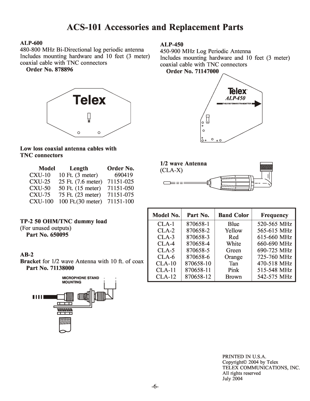 Telex instruction sheet ACS-101 Accessories and Replacement Parts, TelexR 