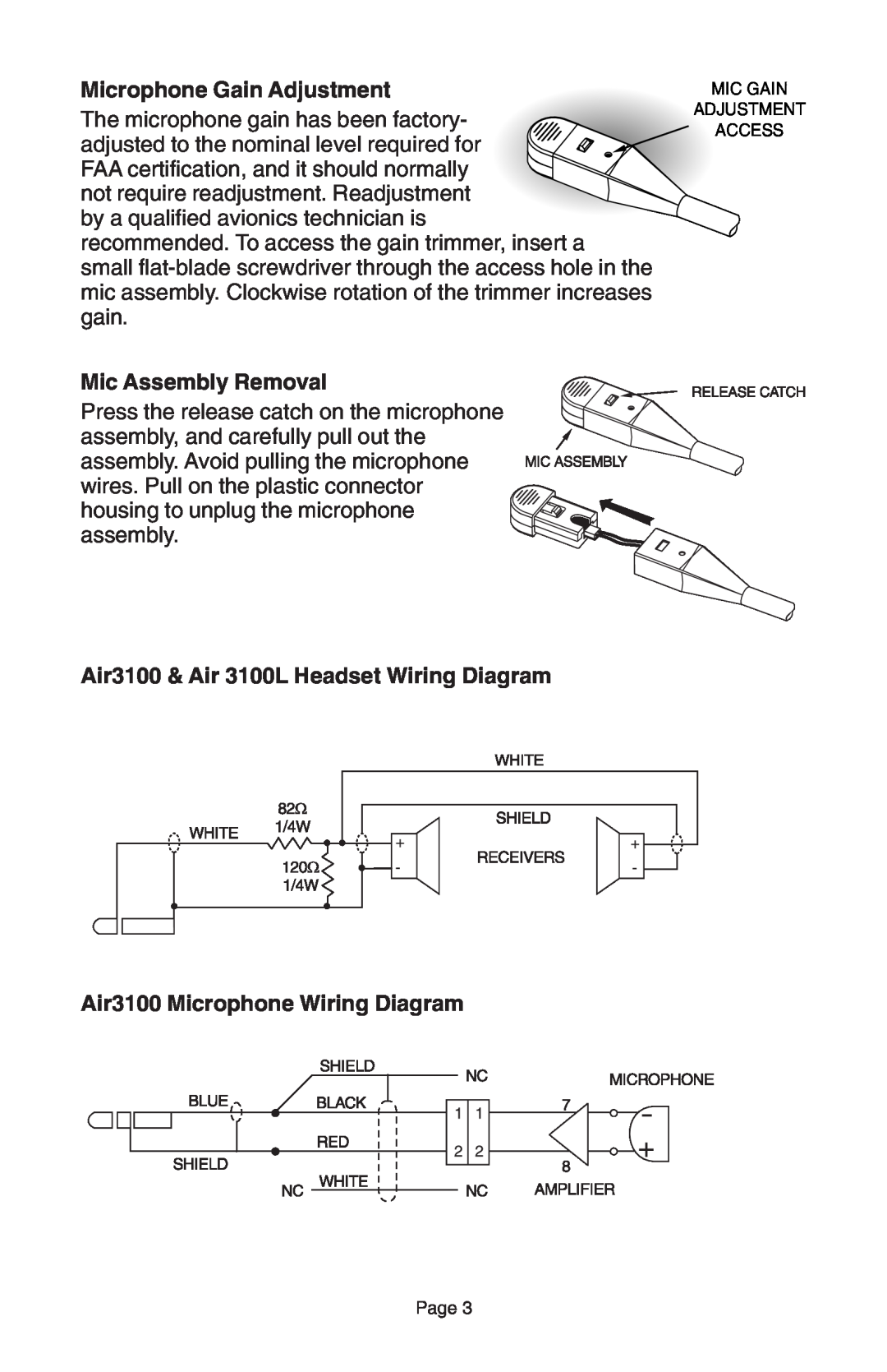Telex AIR3100L manual Microphone Gain Adjustment, Mic Assembly Removal, Air3100 & Air 3100L Headset Wiring Diagram 