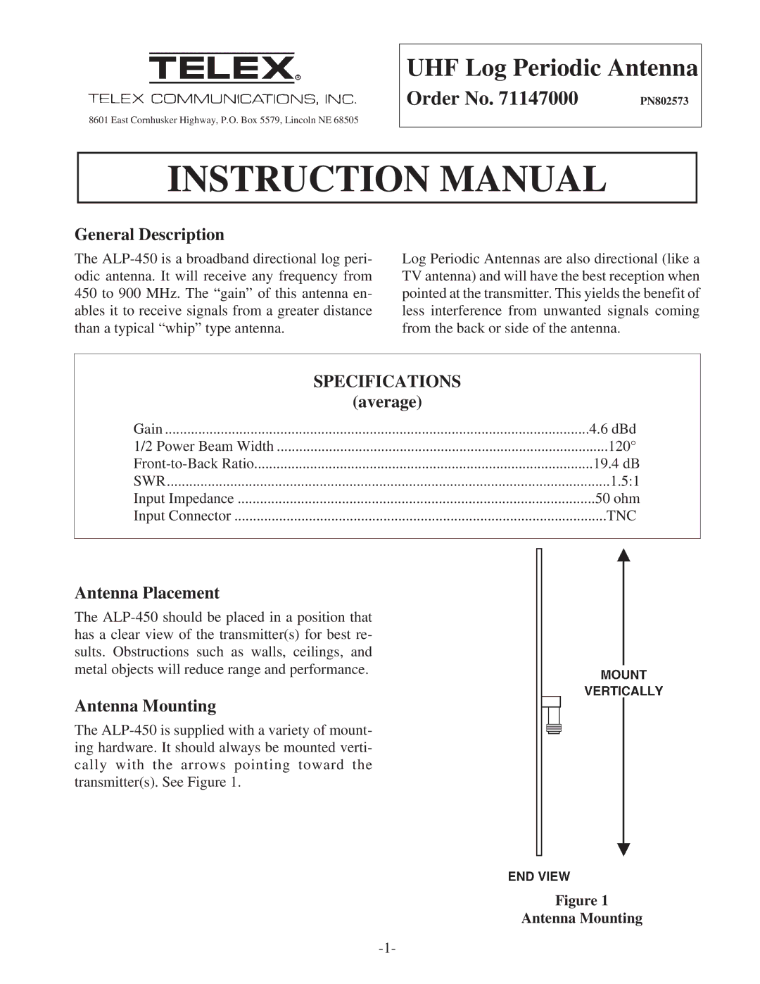 Telex ALP-450 instruction manual General Description, Average, Antenna Placement, Antenna Mounting 