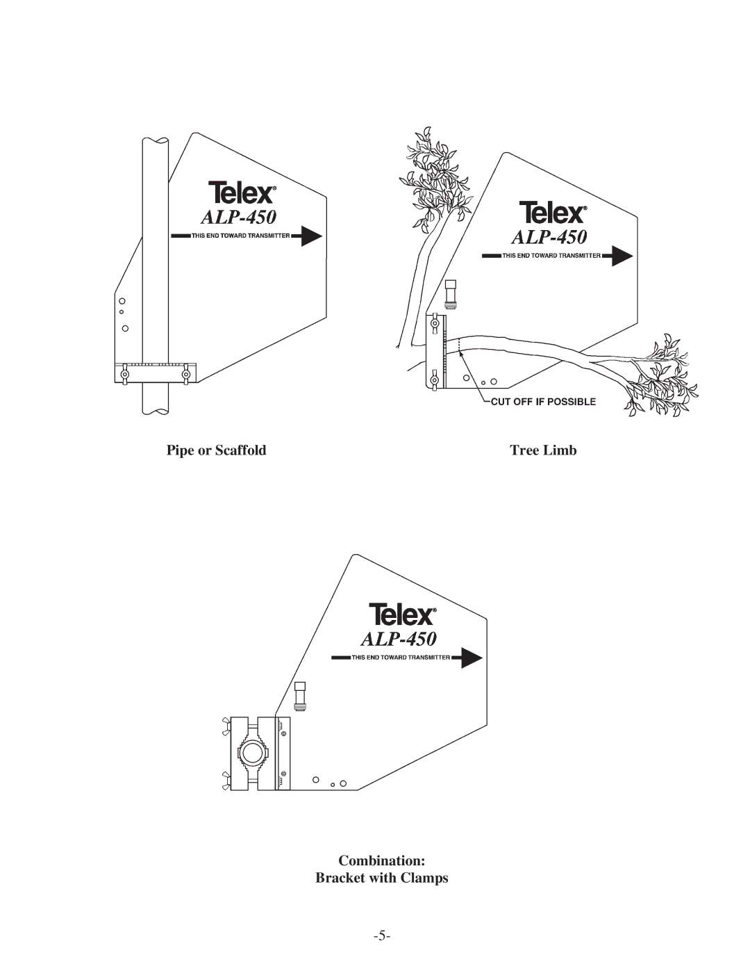 Telex ALP-450 instruction manual Pipe or Scaffold Tree Limb Combination Bracket with Clamps 