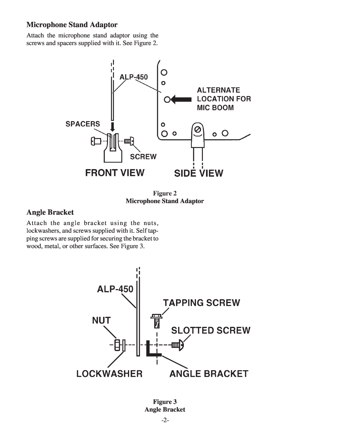 Telex ALP-450 instruction manual Microphone Stand Adaptor, Angle Bracket 