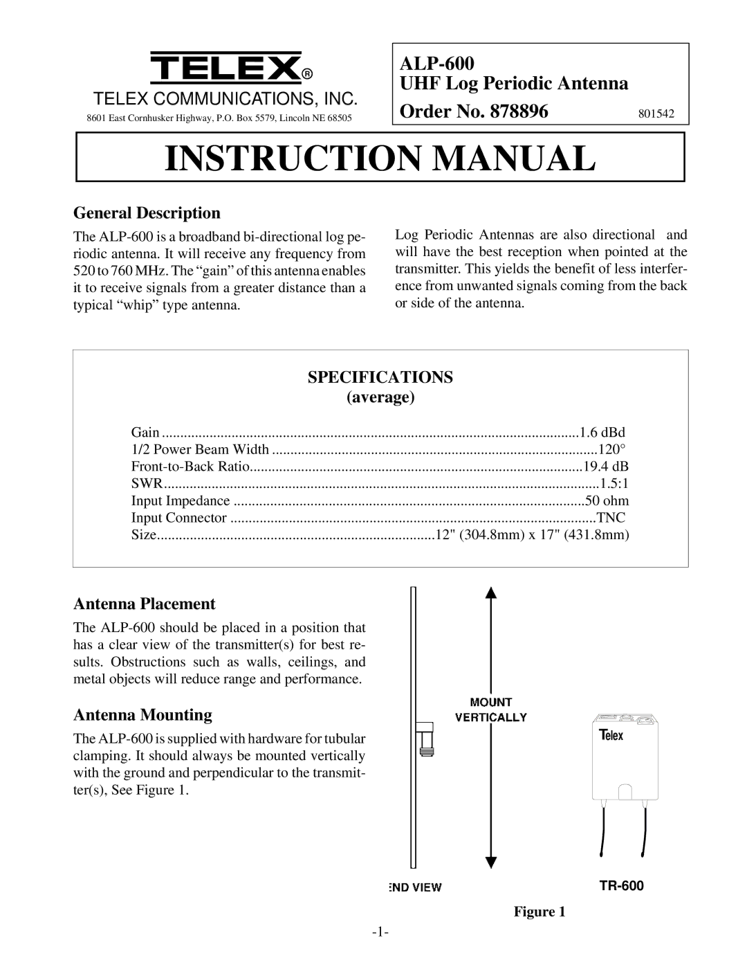 Telex ALP-600 instruction manual General Description, Average, Antenna Placement, Antenna Mounting 