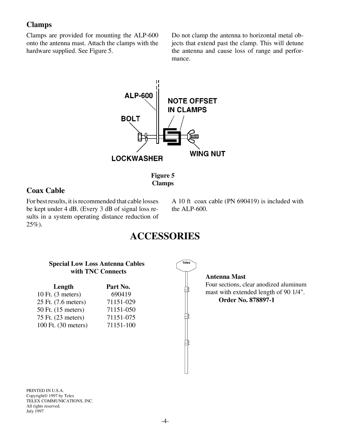 Telex ALP-600 instruction manual Clamps, Coax Cable 