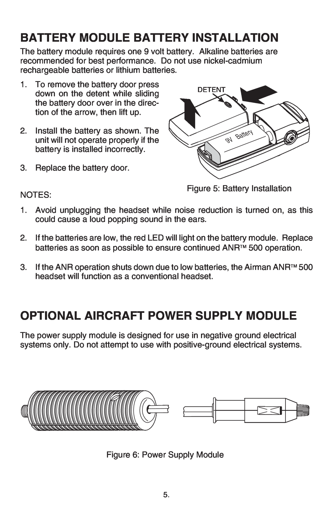 Telex ANR TM 500 operating instructions Battery Module Battery Installation, Optional Aircraft Power Supply Module 