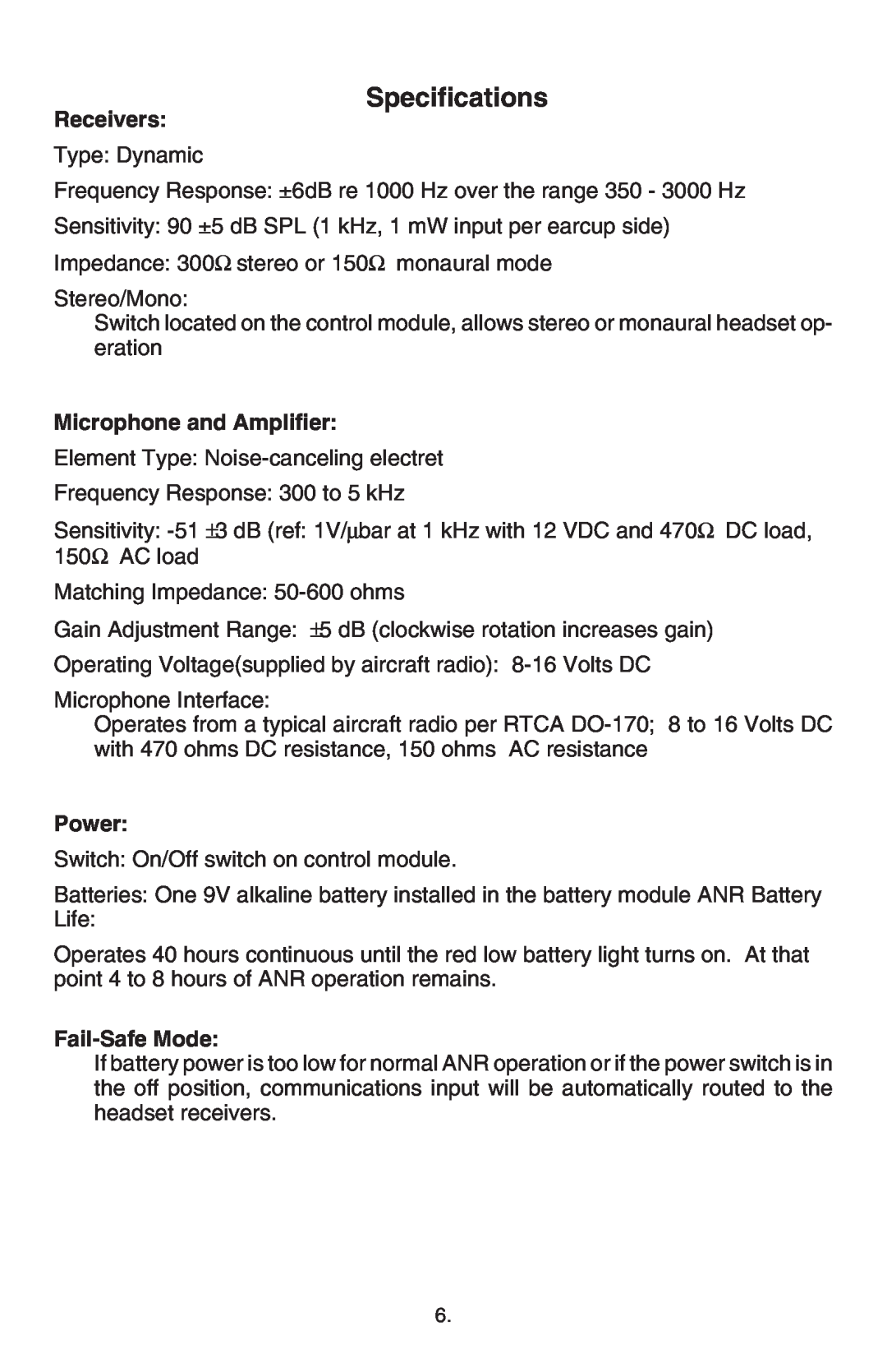 Telex ANR TM 500 operating instructions Specifications, Receivers, Microphone and Amplifier, Power, Fail-SafeMode 