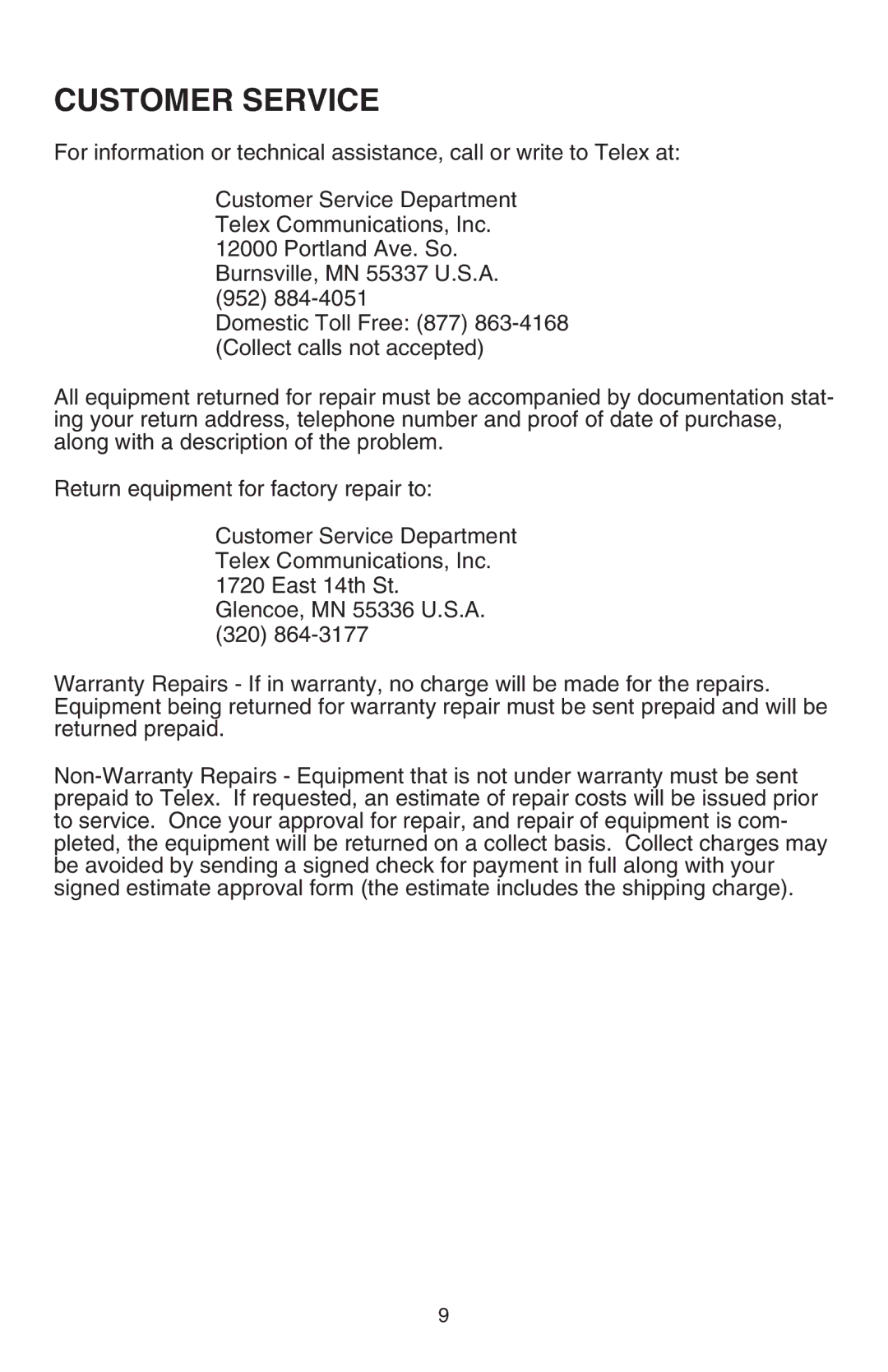 Telex ANR TM 500 operating instructions Customer Service 