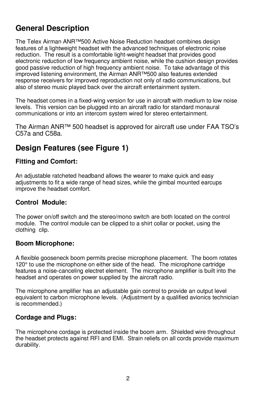 Telex ANR TM 500 operating instructions Fitting and Comfort, Control Module, Boom Microphone, Cordage and Plugs 