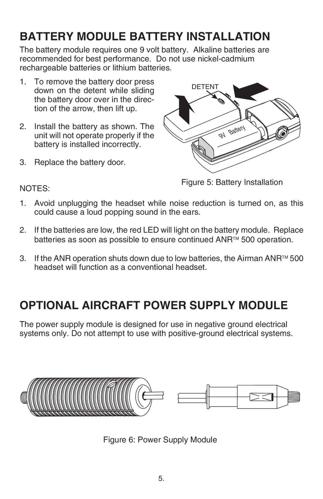 Telex ANR TM 500 operating instructions Battery Module Battery Installation, Optional Aircraft Power Supply Module 